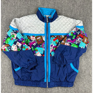 Womens Vintage Gambling Windbreaker Boxy Jacket Full Zip Large